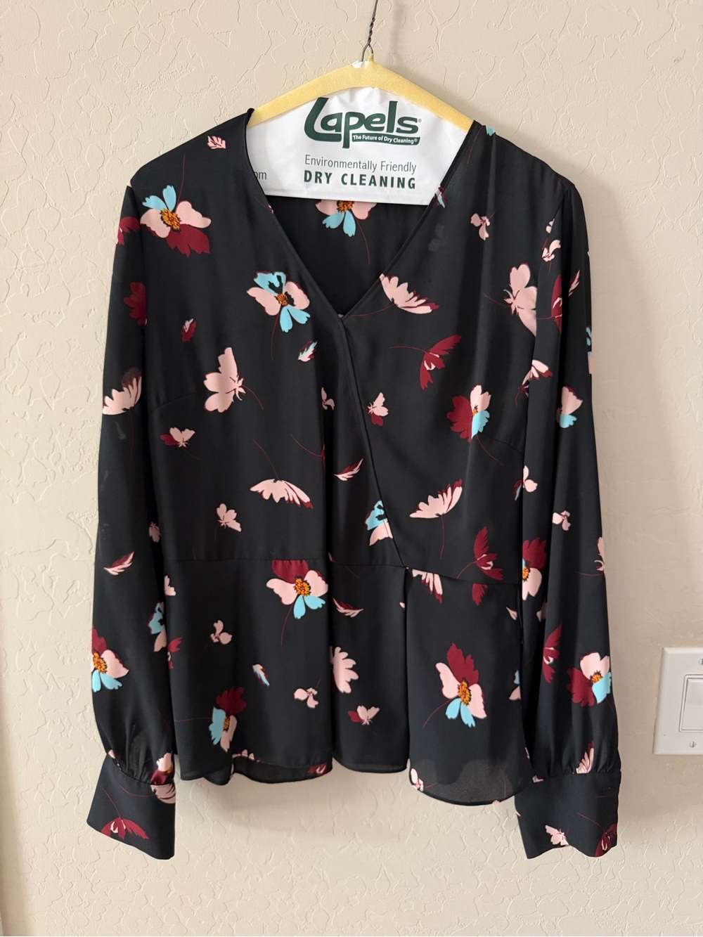 Halogen Black Floral V-Neck Blouse with Pink & Aqua Flowers